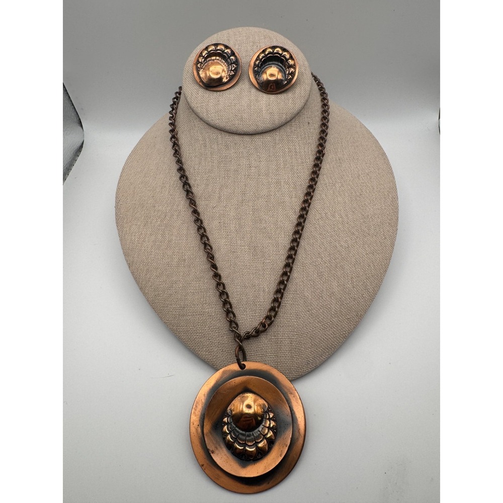 Vintage Copper Necklace Earrings Set 1950s Modernist Sunburst Pendant Flower - Picture 2 of 9